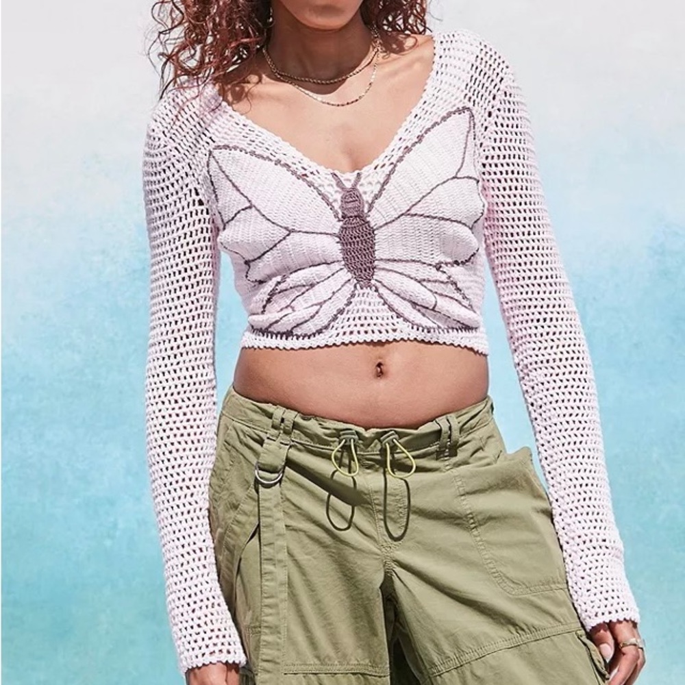 Hand Crochet Knit Butterfly Cropped Sweater